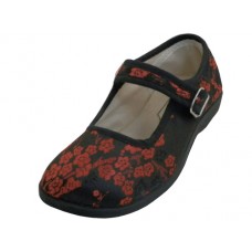 T2-113G-B - Wholesale Youth's "EasyUSA" Satin Brocade Plum Flower Cotton Upper Mary Jane Shoes ( *Black Color )